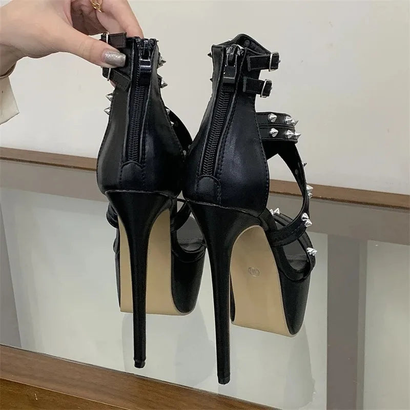 Women's Punk Stiletto Sandals – Open Toe Rivet Buckle Heels Stiletto Heel Sandals Axl