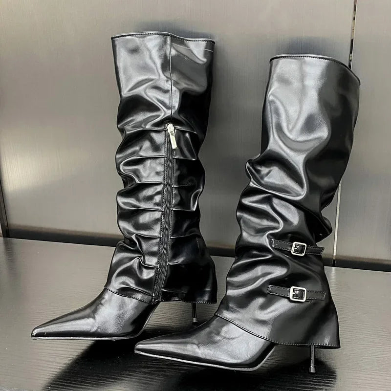 Women's Knee-High Stiletto Boots – Pointed Toe Zipper Buckle Knee-High Boots Axl Black 37