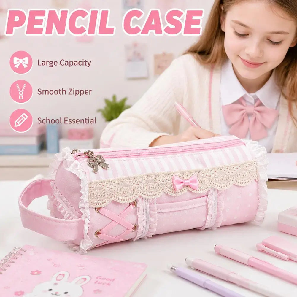 Pink Lace Pencil Case – Large Capacity Kawaii Pen Bag Pencil Case Axl
