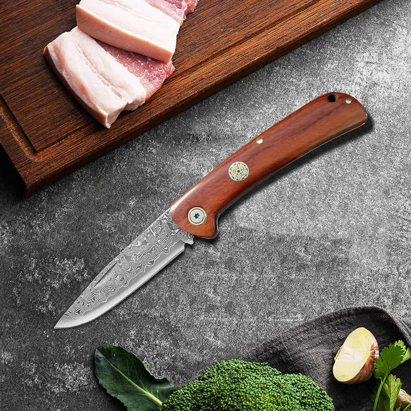Damascus Steel Folding Knife – Red Sandalwood Handle, 8" Blade Folding Kitchen Knife Axl