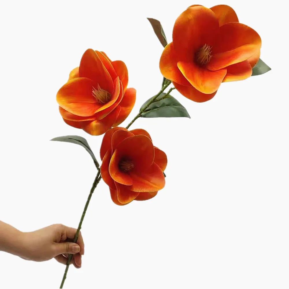 Large Latex Magnolia Artificial Branch – 3 Flower Heads, 78cm Artificial Flower Branch Axl Orange