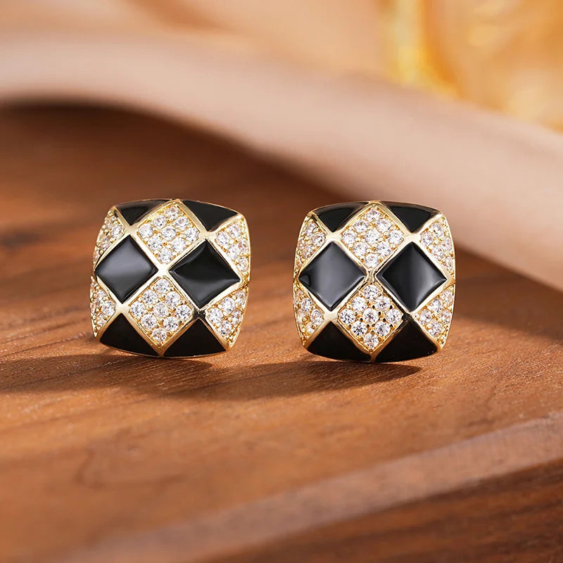 Huitan Gold Grid Stud Earrings – Geometric CZ Fashion Jewelry Stud Earrings Axl