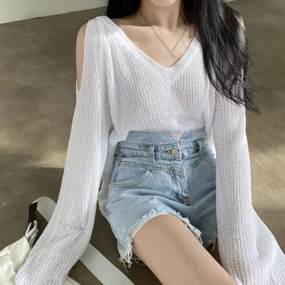 Women's Hollow Knit Crochet Pullover – Loose V-Neck Long Top Knit Pullover Top Axl