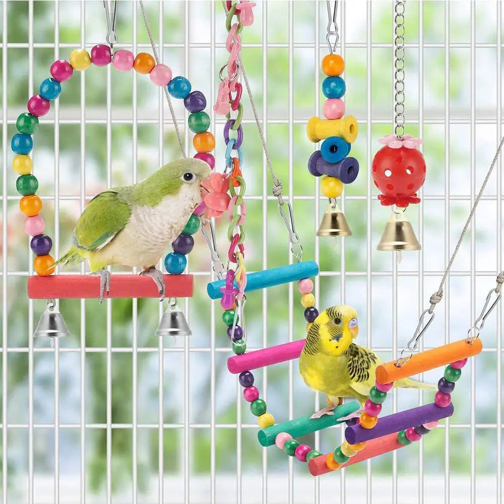11-Piece Natural Wood Parrot Toy Set – Swing, Chew & Bell Toys Bird Cage Toys Axl