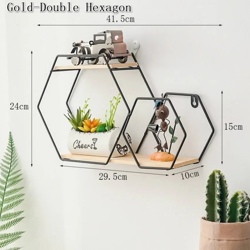 Nordic Metal Wall Shelf – DIY Iron Storage Rack | Home Decor Wall Storage Shelf Axl black-double hexagon