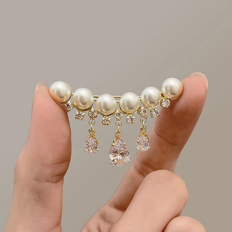 Elegant White Crystal Pearl Brooch | Gold Rhinestone Tassel Pin Brooch Pin Axl