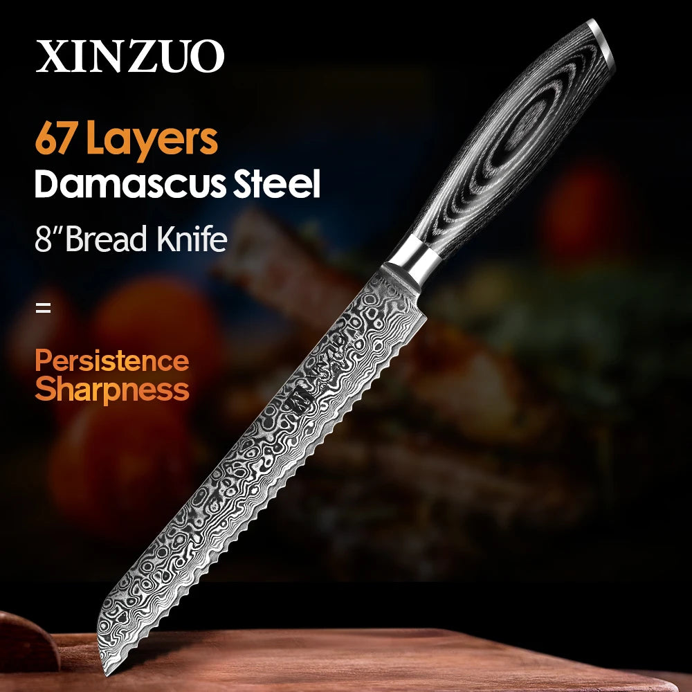 XINZUO 8" Damascus Bread Knife – 67-Layer Steel Pakkawood Damascus Bread Knife Axl China Mainland
