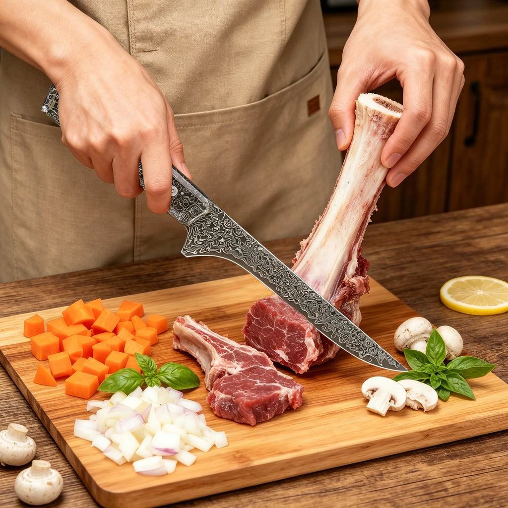 Damascus Steel Boning Knife – Chef's Slicing & Meat Cleaver Damascus Boning Knife Axl