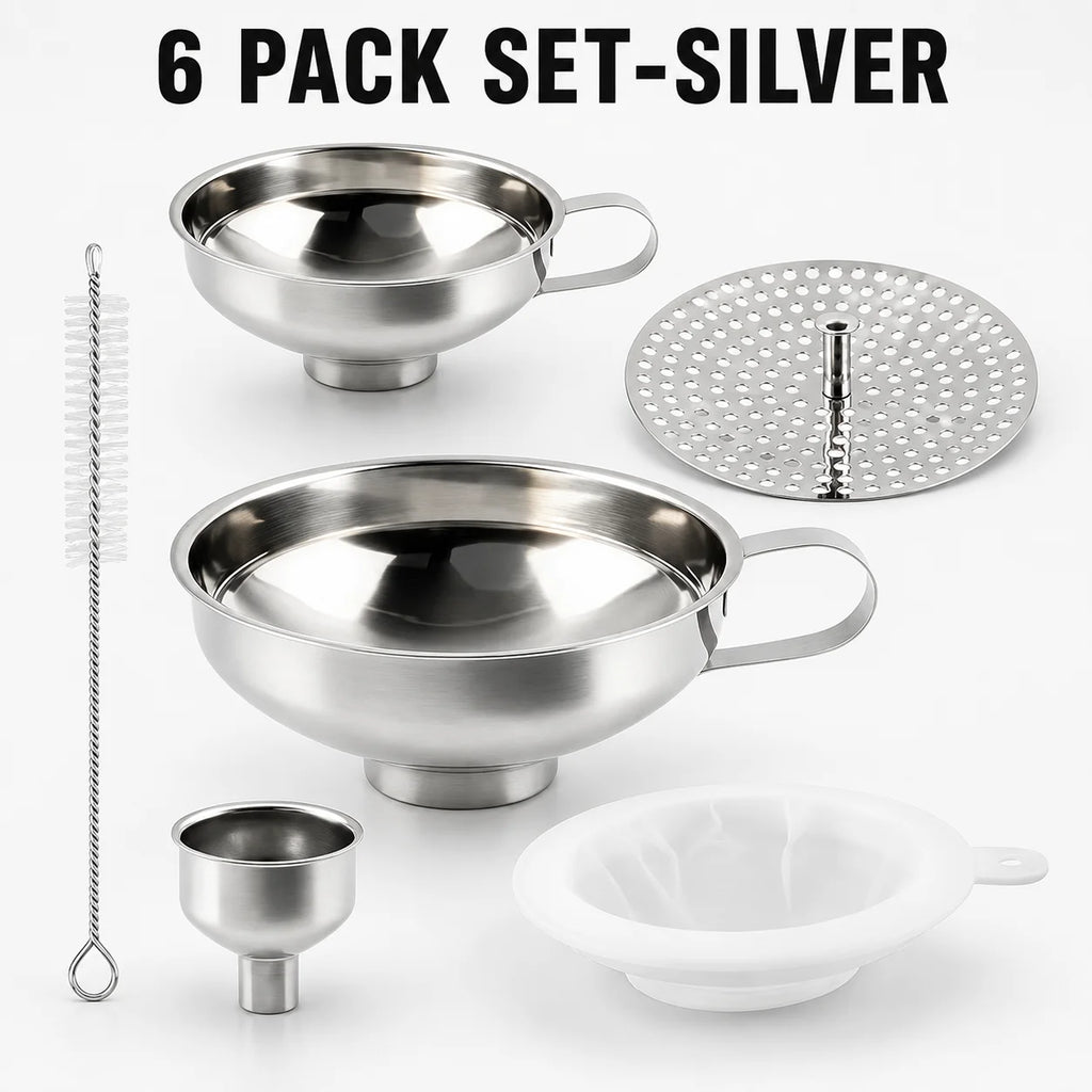 Stainless Steel Wide Mouth Canning Funnel Set with Strainer Kitchen Funnel Set Axl 6 Pack Set Silver