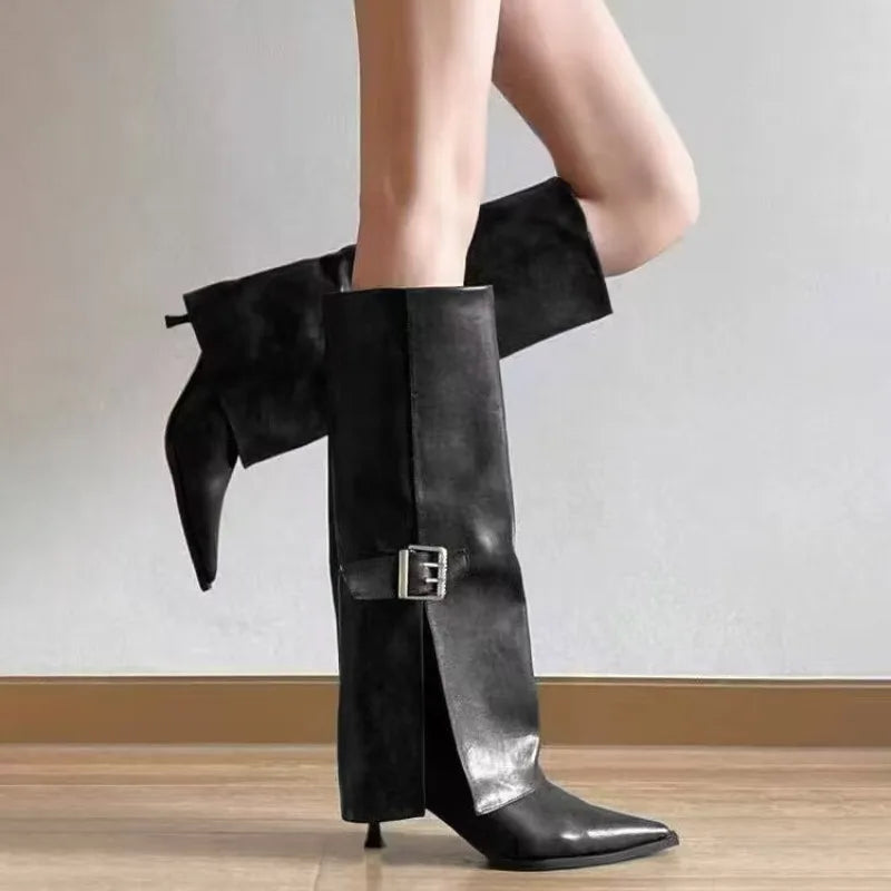 Women's Stiletto Pointed Toe Mid-Calf Boots – Retro Knight Style Stiletto Heeled Boots Axl 41 matte black