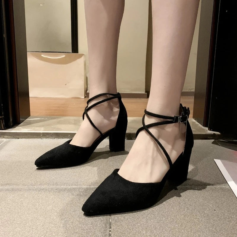 Women's Block Heel Sandals – Pointed Toe Buckle Strap Roman Style Block Heel Sandals Axl