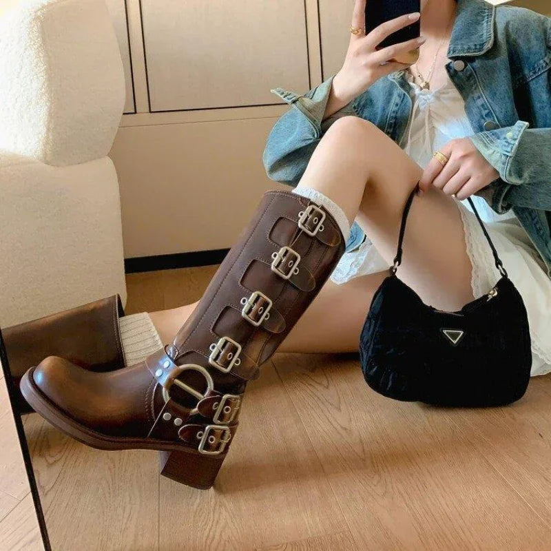 Women's Punk Mid-Calf Boots – Metal Buckle Chunky Wedge Heel Mid-Calf Boots Axl