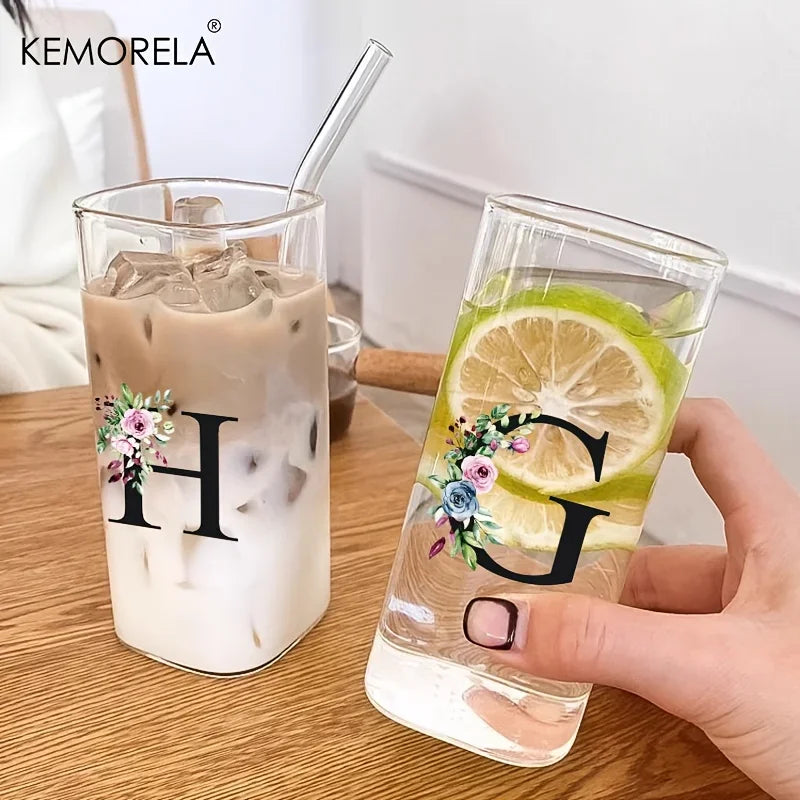 KEMORELA 300ml Letter-Shaped Glass Tumbler with Lid & Straw Glass Tumbler Axl