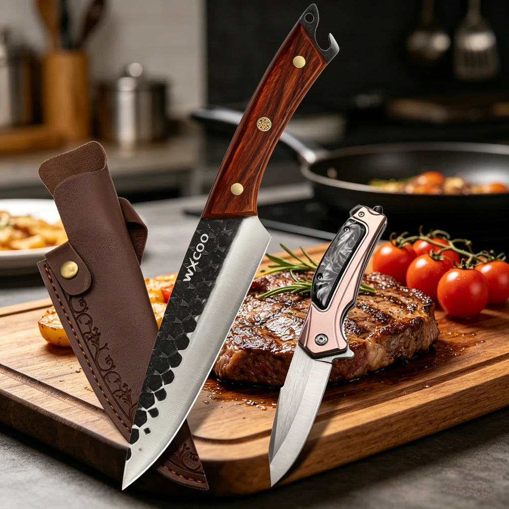 WXCOO Forged Kitchen Chef Knife & Folding Knife Set | Wood Handle Kitchen Knife Set Axl