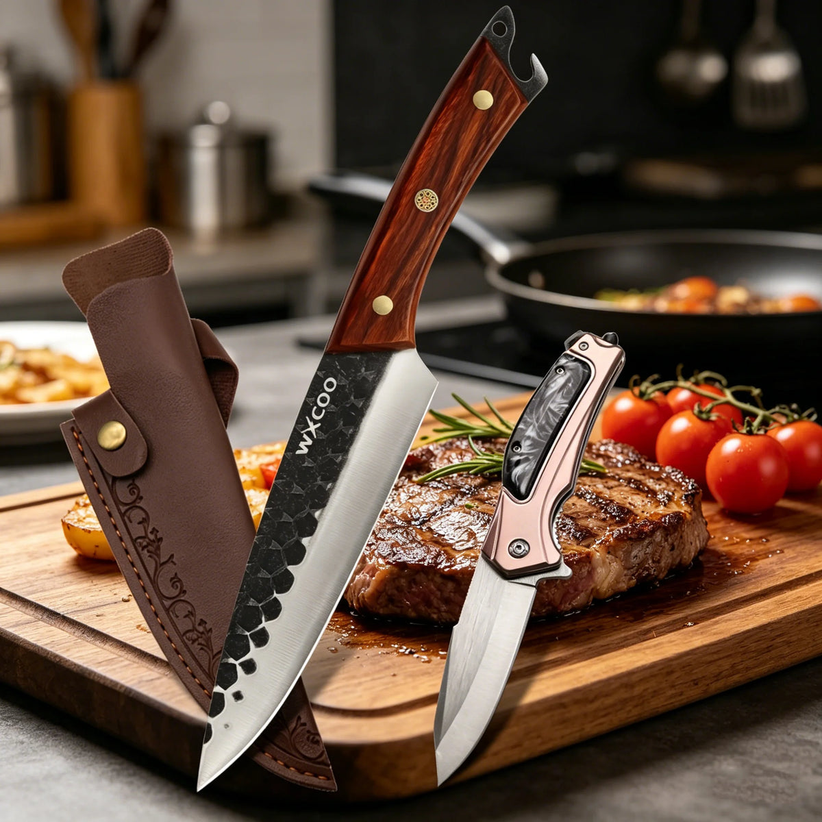 WXCOO Forged Kitchen Chef Knife & Folding Knife Set | Wood Handle Kitchen Knife Set Axl