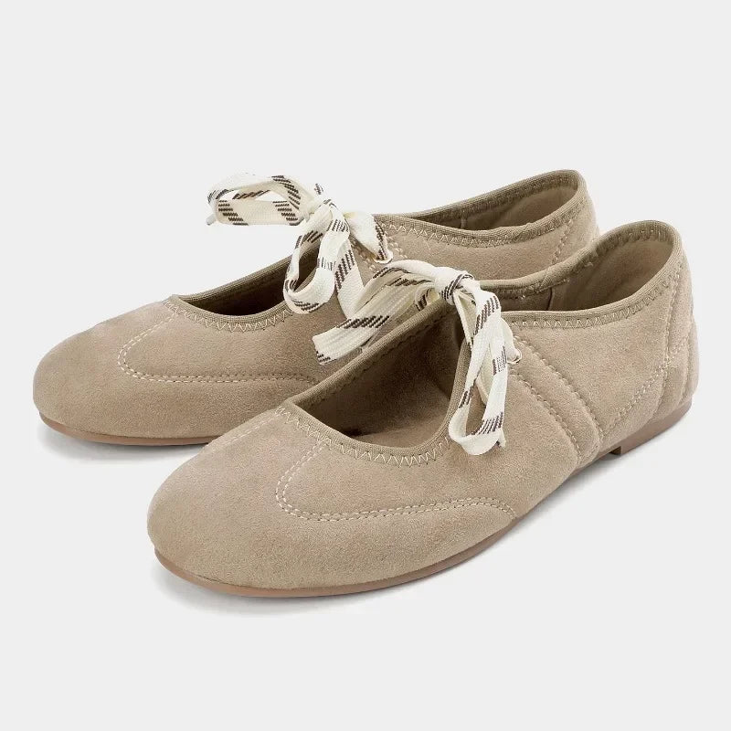 Women's Mary Jane Ballet Flats – Lace-Up Round Toe Loafers Mary Jane Flats Axl Beige 41