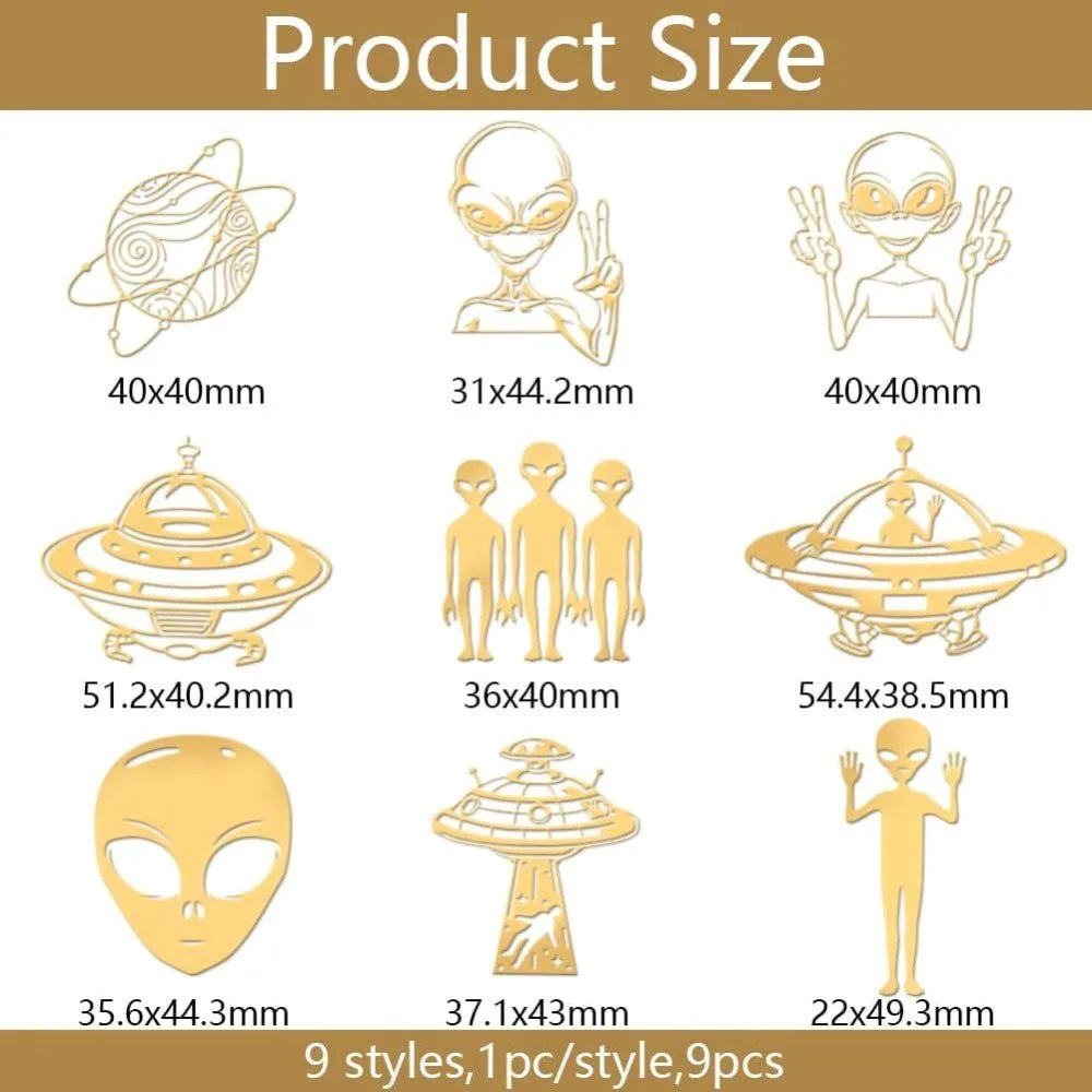 9-Piece Golden Metal Alien Stickers – Space UFO Epoxy DIY DIY Craft Stickers Axl