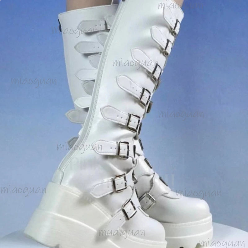 Women's Over-the-Knee Wedge Boots | Metal Buckle & Back Zipper Wedge Knee Boots Axl