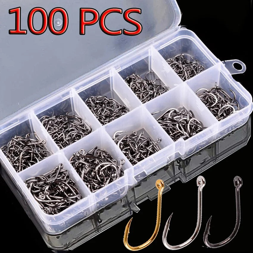100 Pcs Barbed Fishing Hooks – Carbon Steel Carp & Sea Tackle Fishing Hooks Set Axl