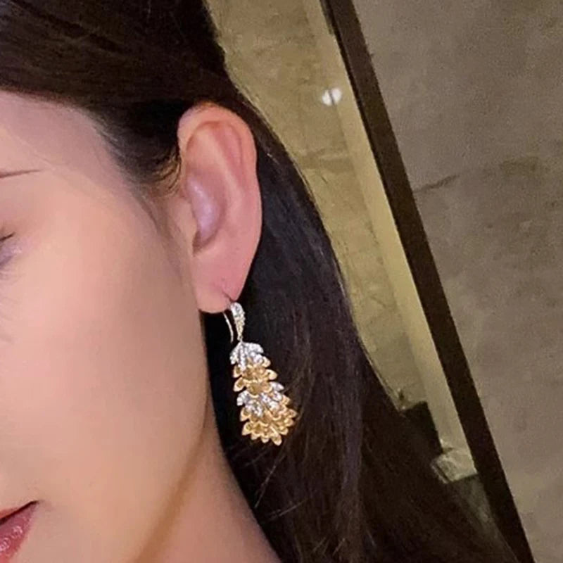 Huitan Two-Tone Leaf Drop Earrings | Cubic Zirconia Wedding Jewelry Drop Earrings Axl