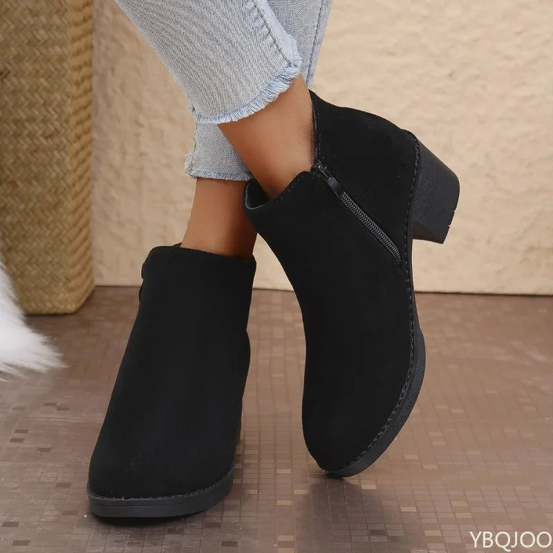 YBQJOO Women's Retro Suede Ankle Boots | Square Heel Zip Women's Ankle Boots Axl black 36