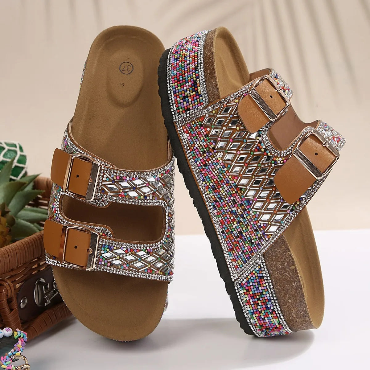 Women's Wide-Fit Platform Sandals | Double Buckle Diamond Slides Platform Sandals Axl
