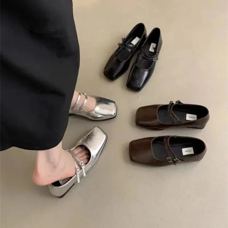 Women's Retro Mary Jane Ballet Flats – Square Toe Buckle Strap Women's Ballet Flats Axl