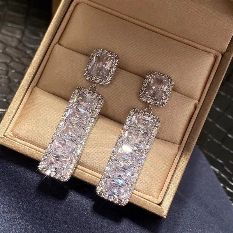 Huitan Geometric Crystal CZ Drop Earrings | Sparkling Fashion Crystal Drop Earrings Axl