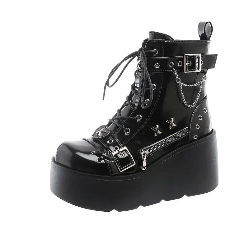 Gothic Platform Wedge Mid-Calf Boots – Women's Lace-Up Platform Wedge Boots Axl