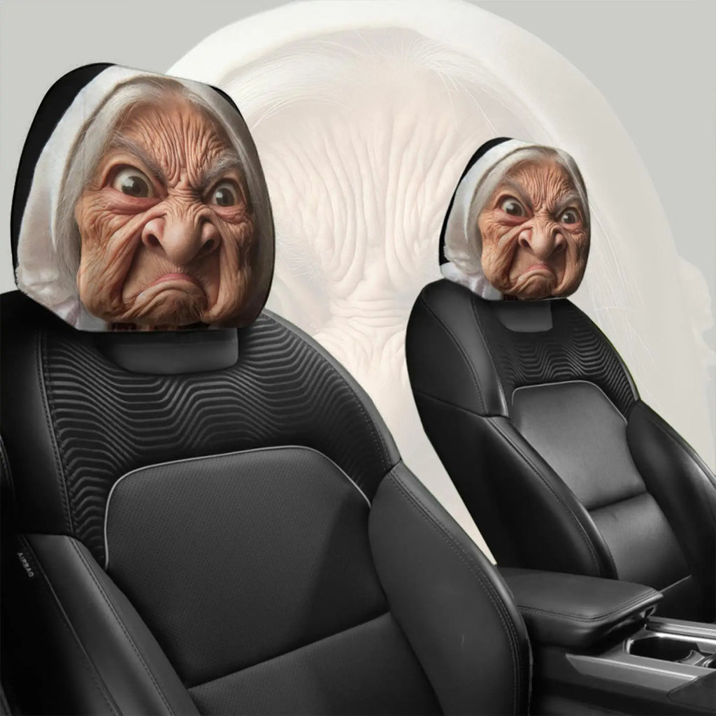 Funny Granny Face Car Headrest Covers – 2Pcs Elastic Washable Car Headrest Cover Axl