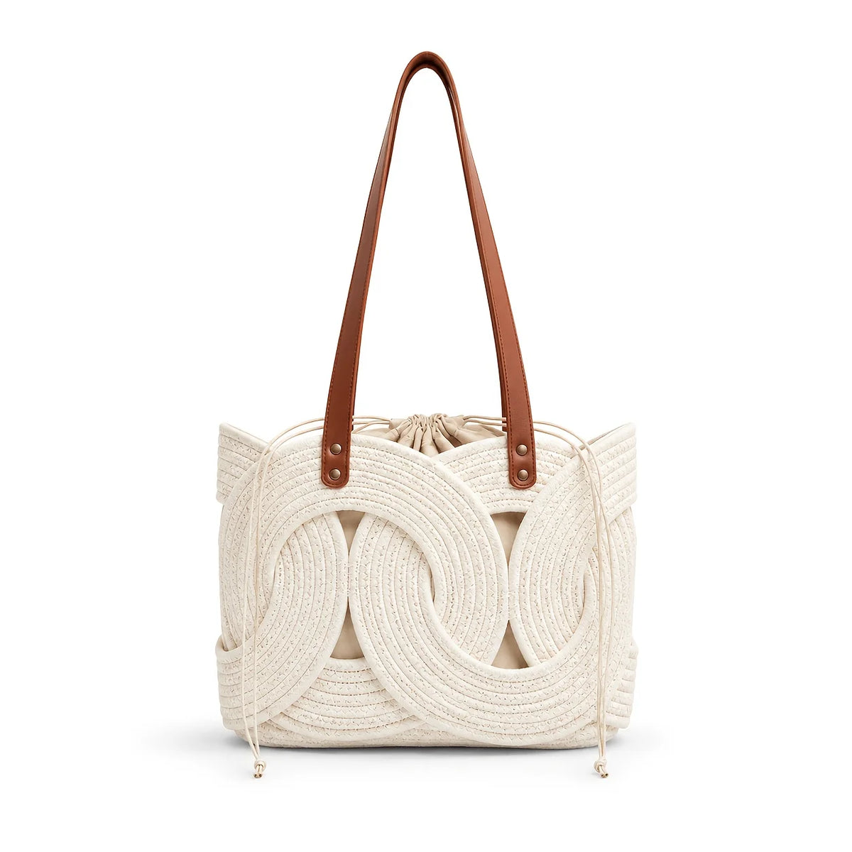 Woven Drawstring Shoulder Bag – Women's Vintage Tote Underarm Bag Woven Shoulder Tote Axl Beige-1PC