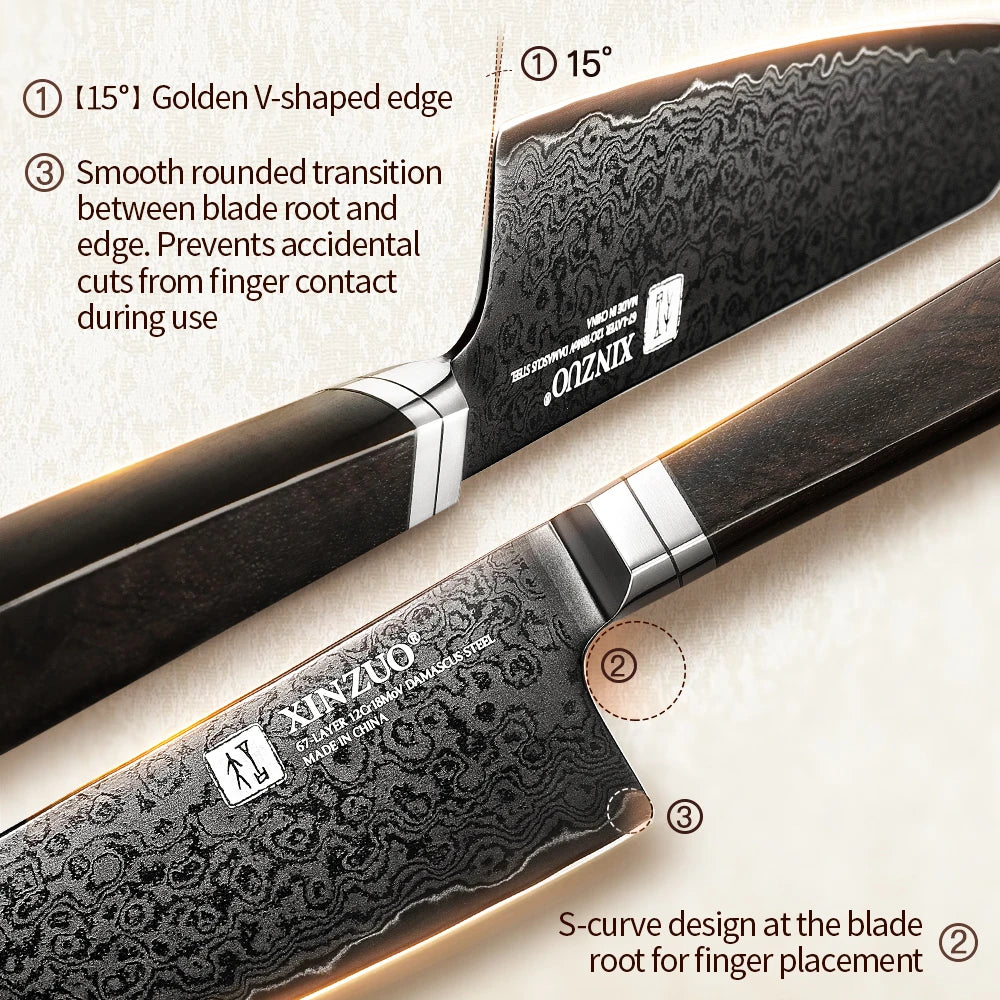 XINZUO 8.3" Damascus Steel Bunka Chef Knife | Ebony Handle Damascus Chef Knife Axl