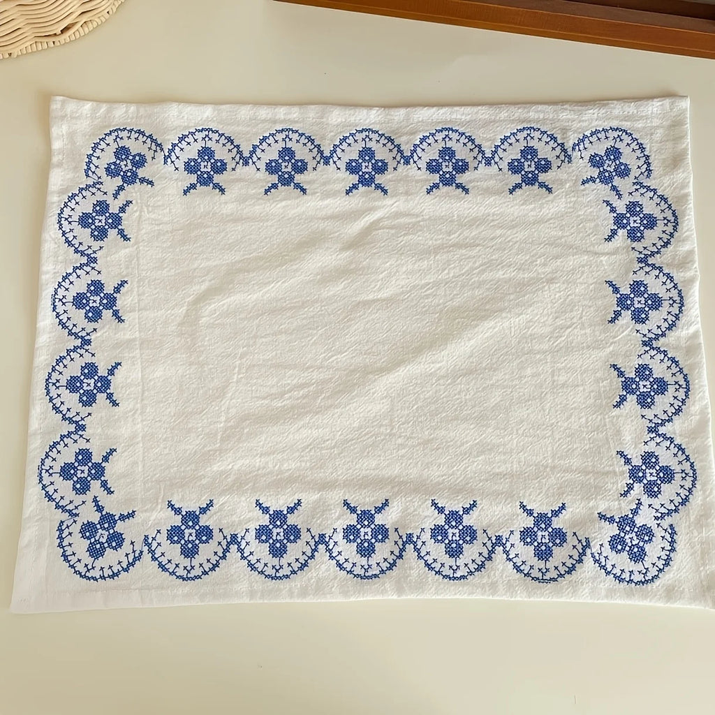 Hand-Embroidered Floral Cotton Linen Dining Mat | Boho Décor Embroidered Placemat Axl Blue 1pc 29x37cm