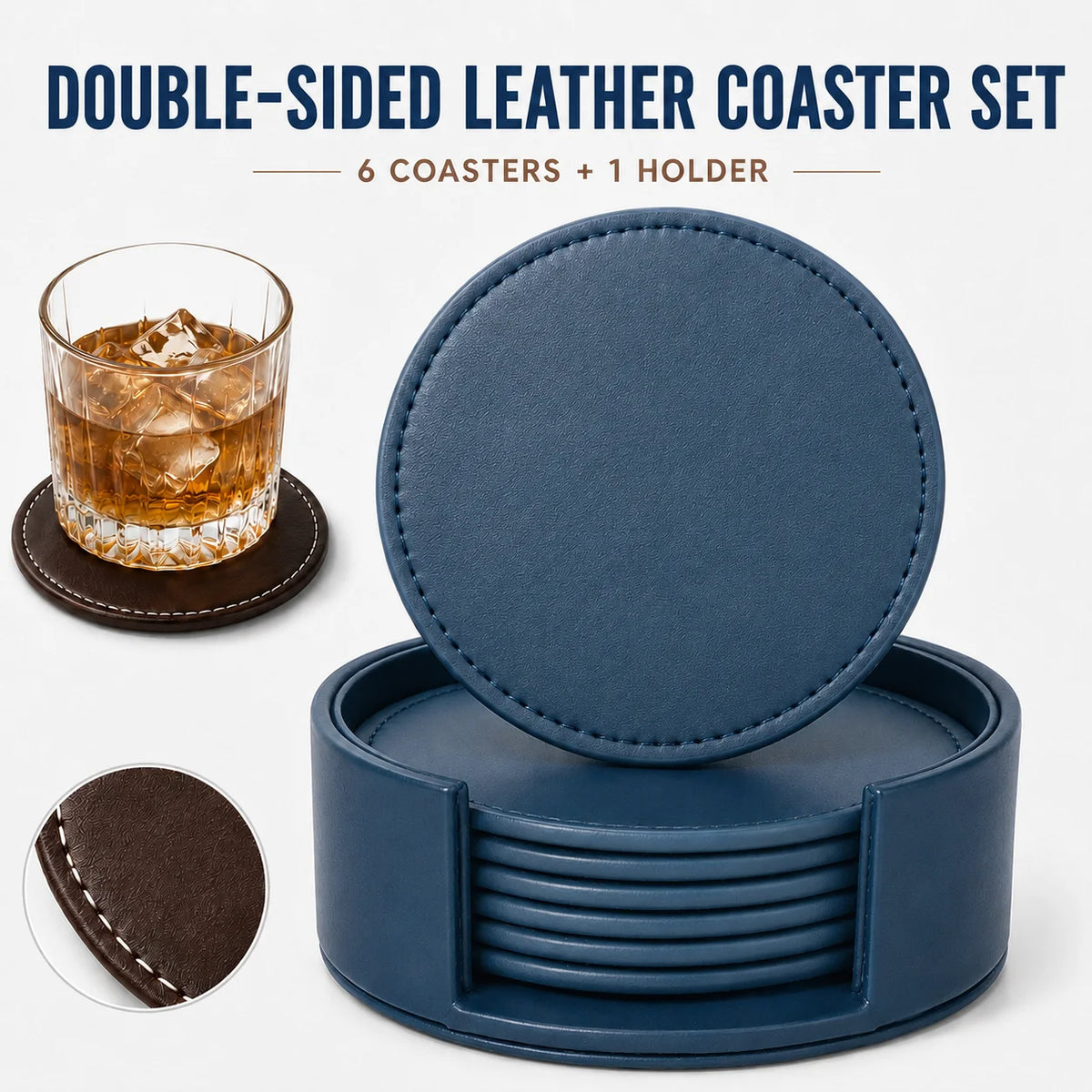 PU Leather Drink Coaster Set of 6 with Holder – Heat Resistant Drink Coaster Set Axl