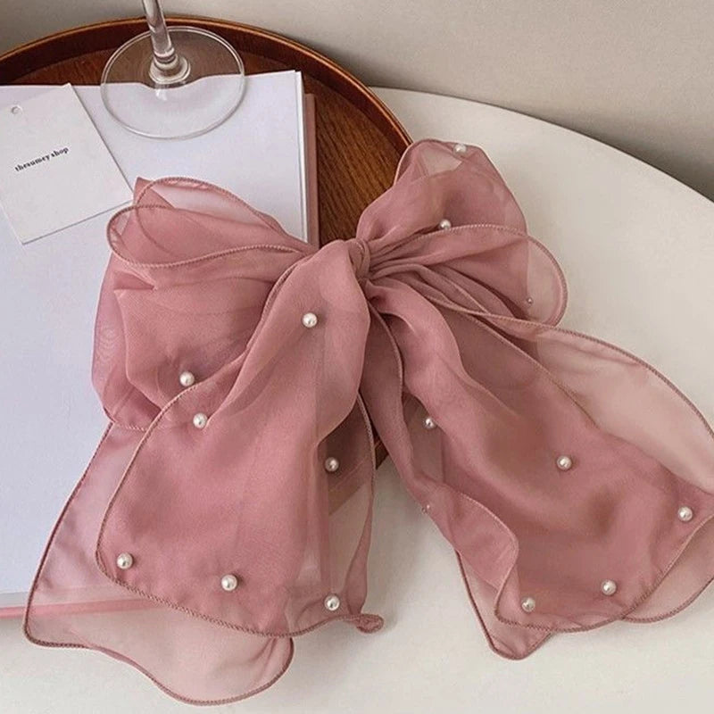 Pearl Bow Hair Clip – Elegant Chiffon Ribbon Barrette for Women Bow Hair Clip Axl