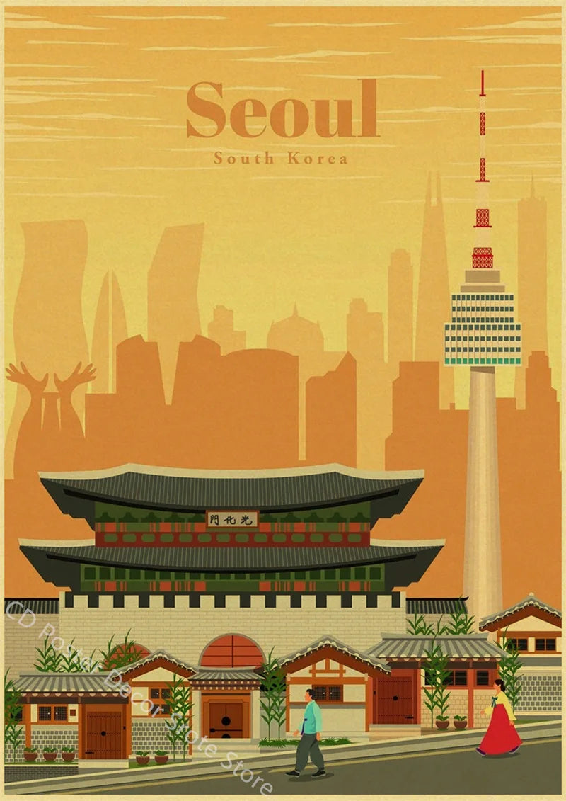 World Cities Retro Travel Poster – Rome Paris Sydney Dubai Art