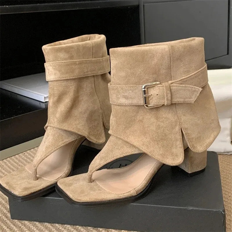 Women's Clip Toe Ankle Boot Sandals | Square Heel Buckle Strap Ankle Boot Sandals Axl