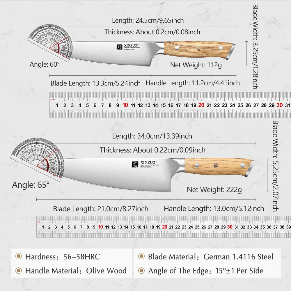 XINZUO German Steel Chef & Utility Knife Set – Olive Wood Handle Kitchen Knife Set Axl