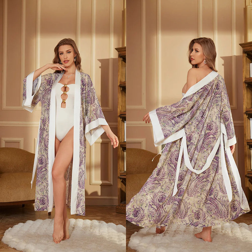 Women's Satin Floral Robe – Long Sleeve Lace-Up Bathrobe Satin Bathrobe Axl 3386-3 One Size