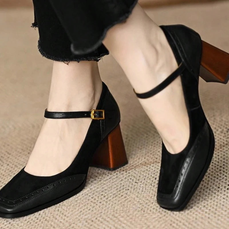 Women's Black Square Toe Chunky Heel Mary Jane Pumps Chunky Heel Pumps Axl