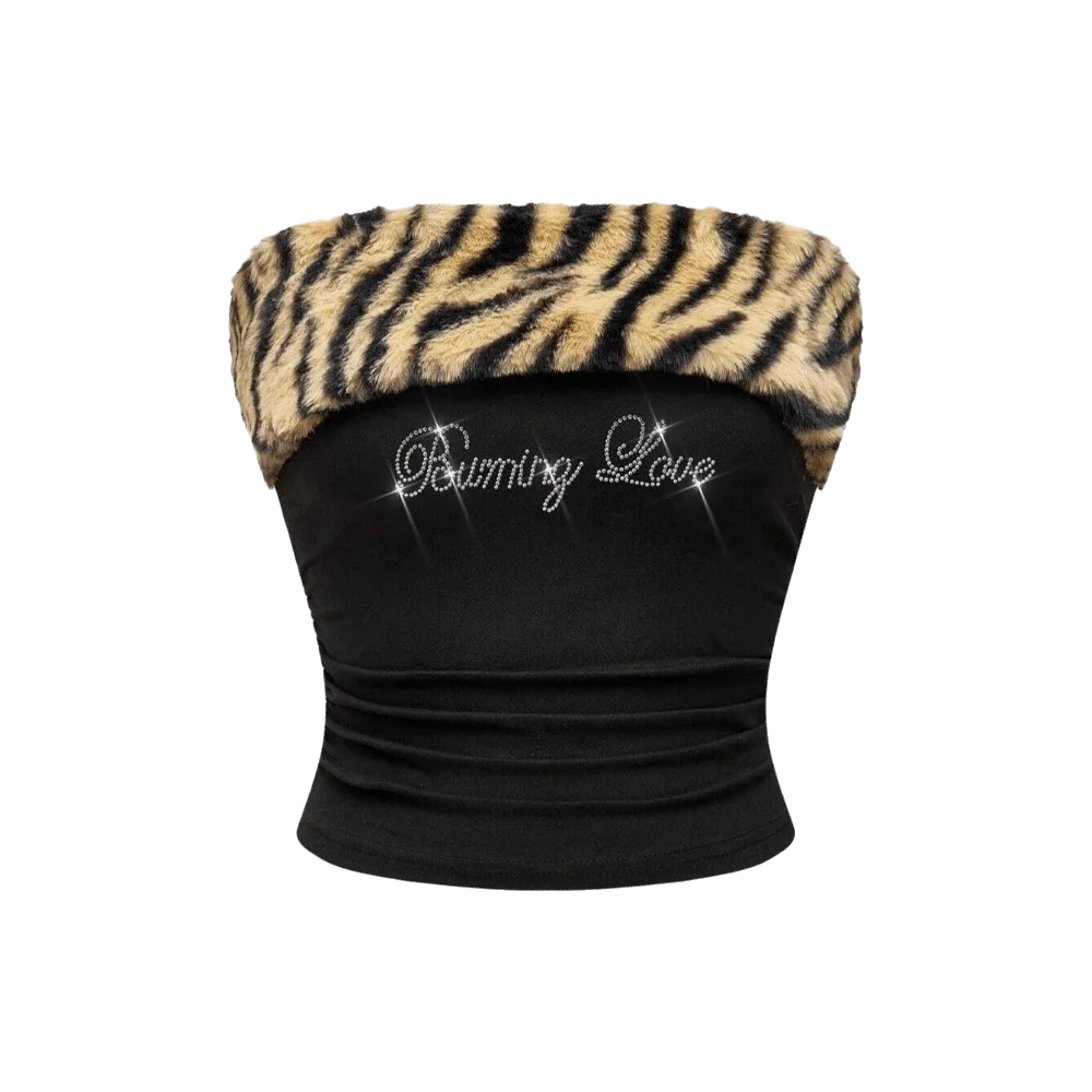 Y2K Crystal Letter Strapless Crop Top | Leopard Bandeau Bandeau Crop Top Axl Yellow 1XL