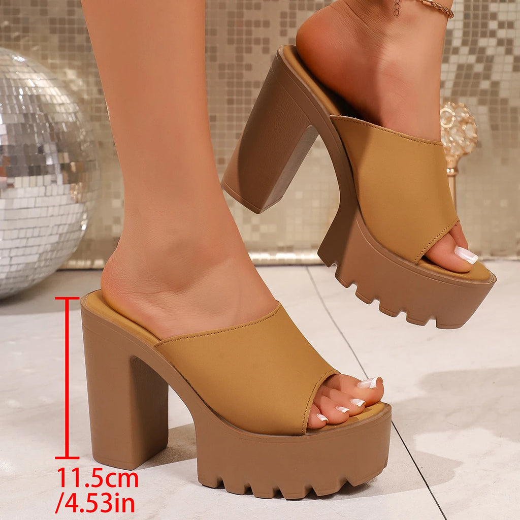 Women's Platform Mule Sandals – Square Heel Peep Toe Slides Platform Mule Sandals Axl Brown 39