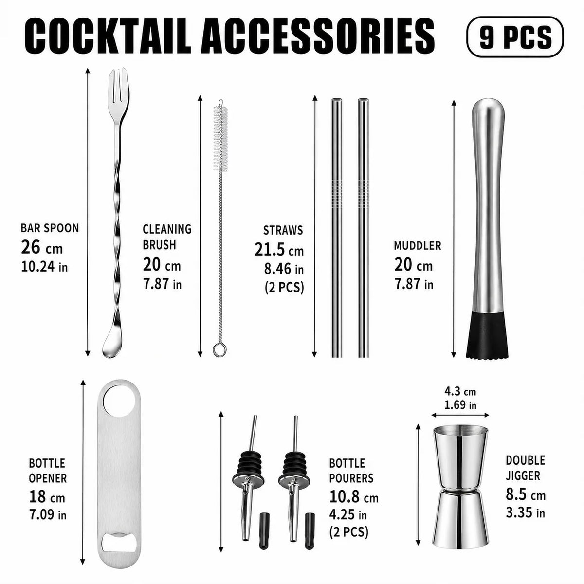 Stainless Steel Cocktail Muddler & Bar Tool Set | 3–9 Piece Bar Tool Set Axl 9 Pack-J006