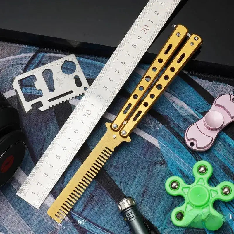 Butterfly Knife Comb – Foldable Stainless Steel Beard Styling Tool Novelty Grooming Comb Axl Golden