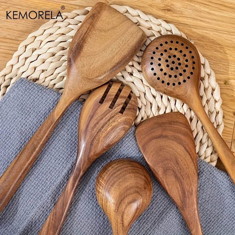 5-Piece Natural Wooden Cookware Set – Spoons, Spatula & Skimmer Wooden Kitchen Utensils Axl