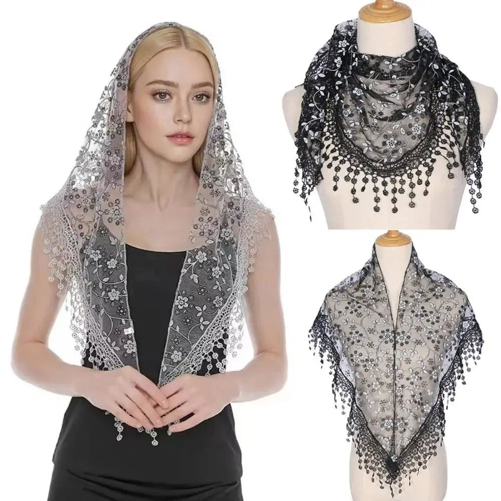 Floral Lace Triangle Scarf – Embroidered Veil Headband for Women Lace Head Scarf Axl