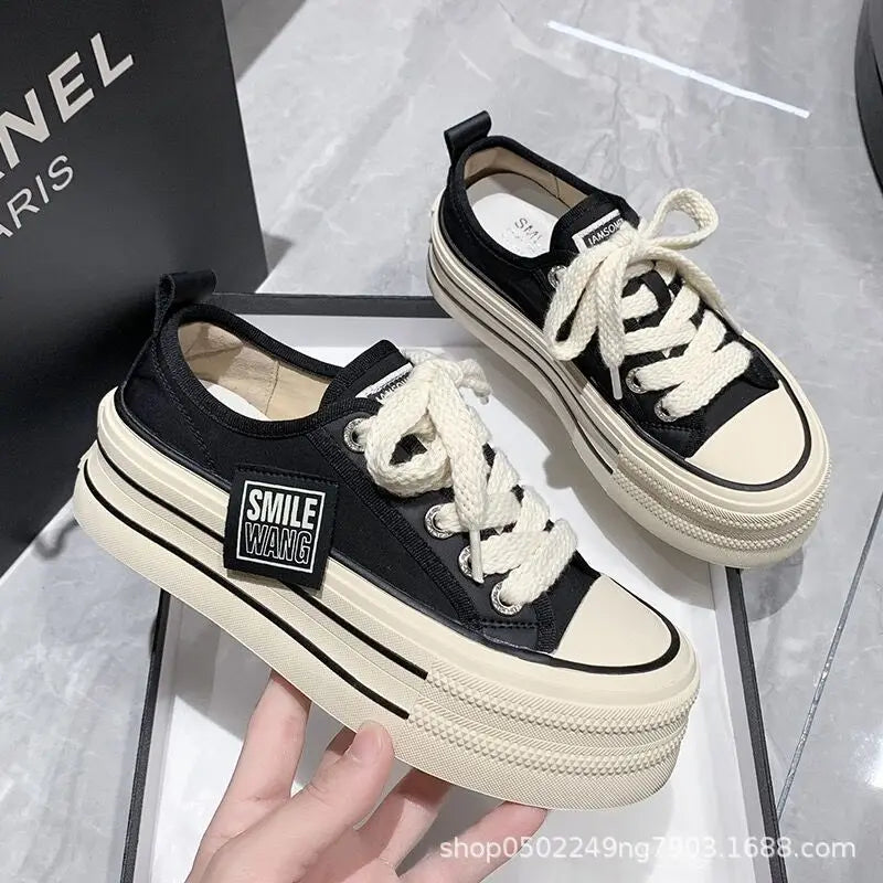 Women's Platform Canvas Sneakers – Casual Lace-Up Flats Canvas Flat Sneakers Axl black 36