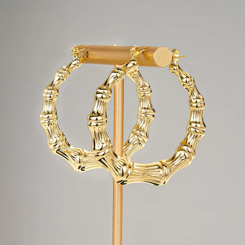 Huitan Gold Bamboo Hoop Earrings – Large Geometric Statement Hoop Earrings Axl