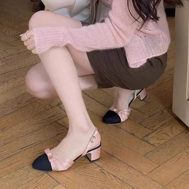 Women's Bow Slingback Mid Heel Sandals – Buckle Strap Pumps Slingback Heel Sandals Axl
