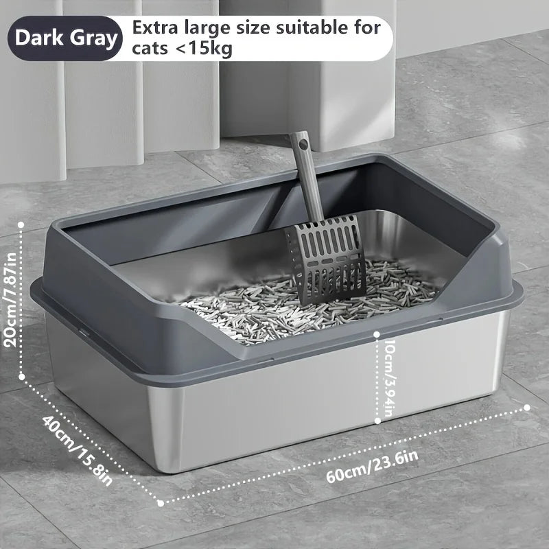 KEMORELA XL Stainless Steel Cat Litter Box with Lid & Scoop Cat Litter Box Axl Dark Gray 60cm